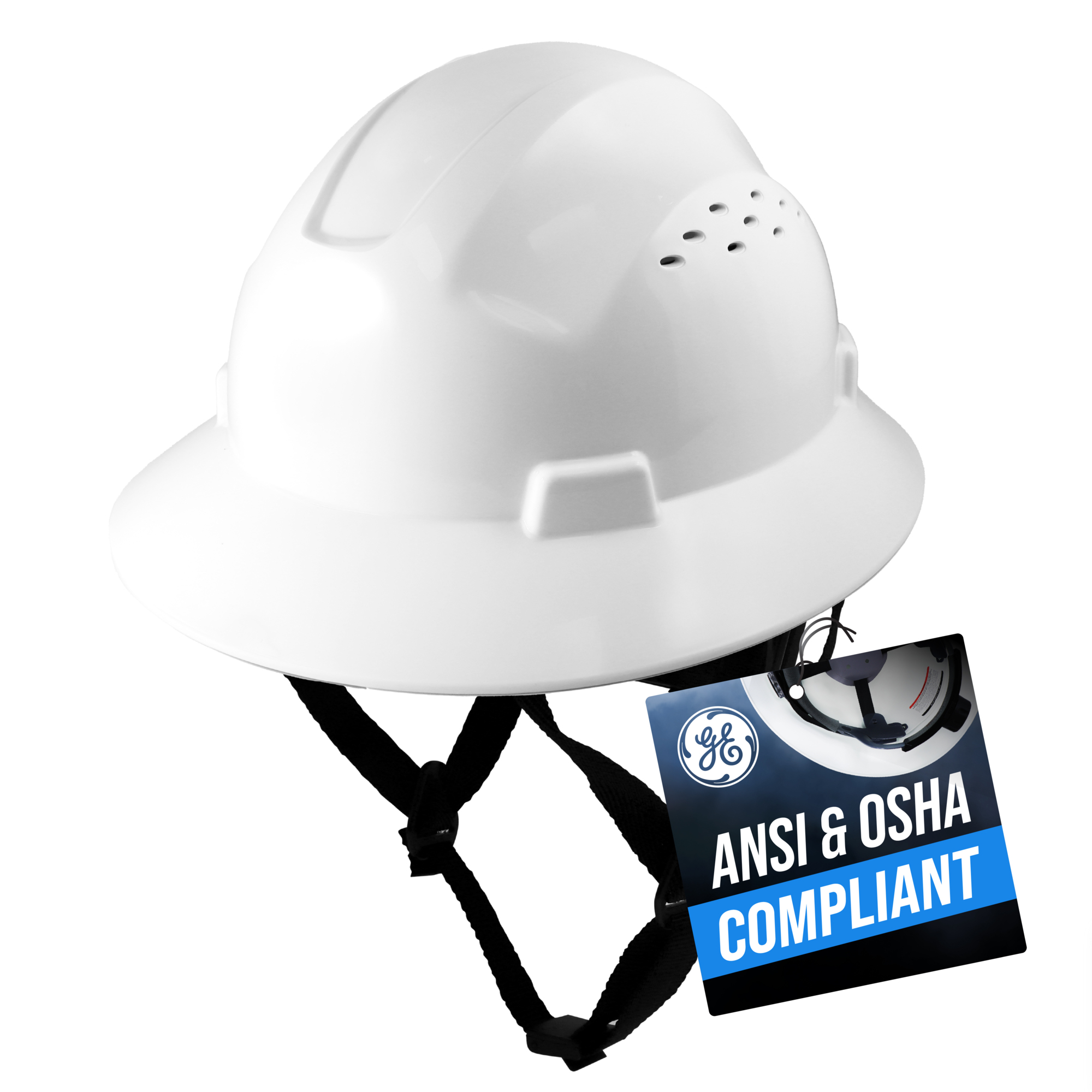 General Electric, Full Brim Safety Helmet, Vented, One Size, White, Model# GH328W